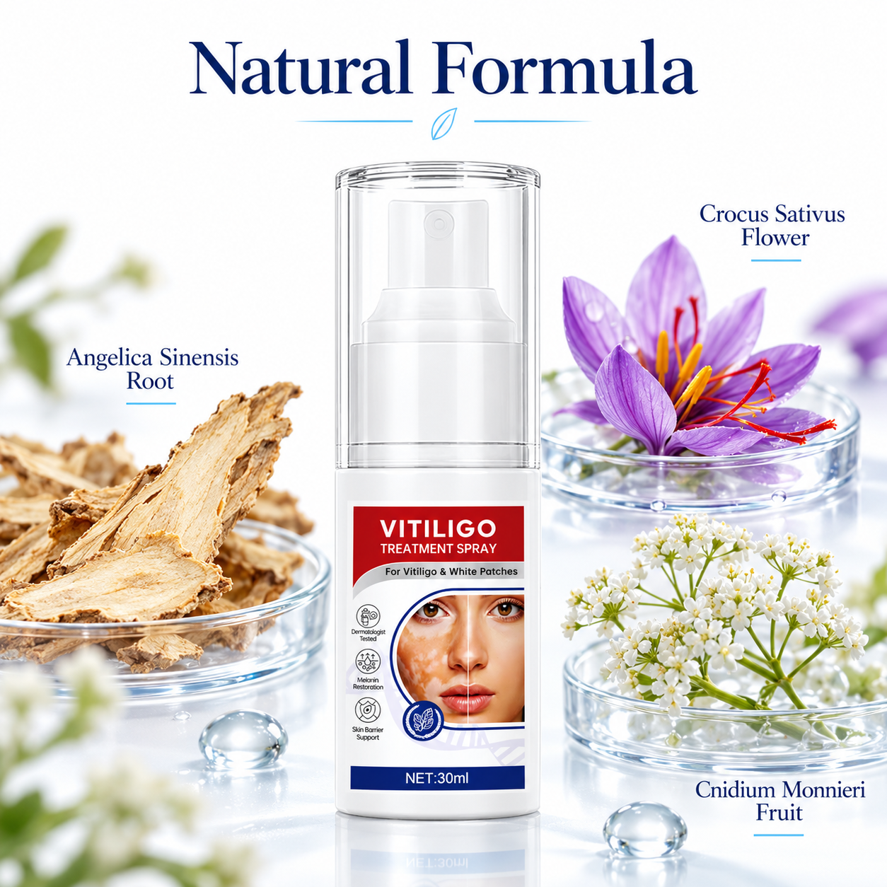 PixelTone™ botanical skincare spray with selected plant ingredient visuals for daily skin care