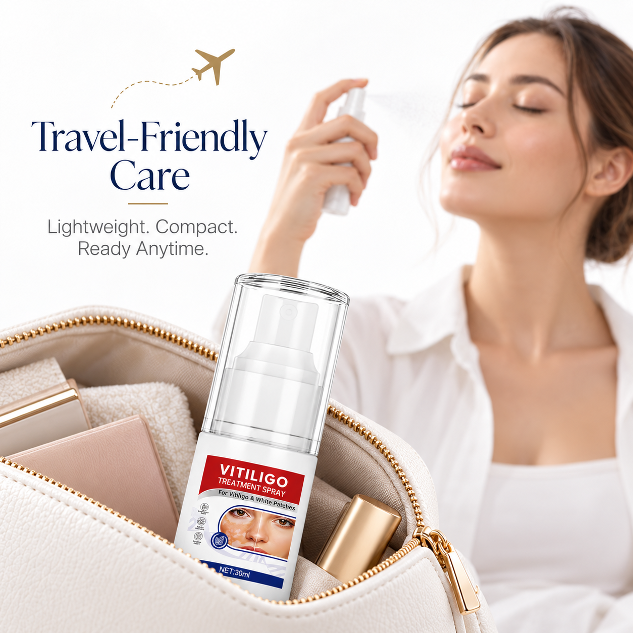 PixelTone™ 30ml skincare spray packed in a cosmetic pouch for convenient travel and daily use