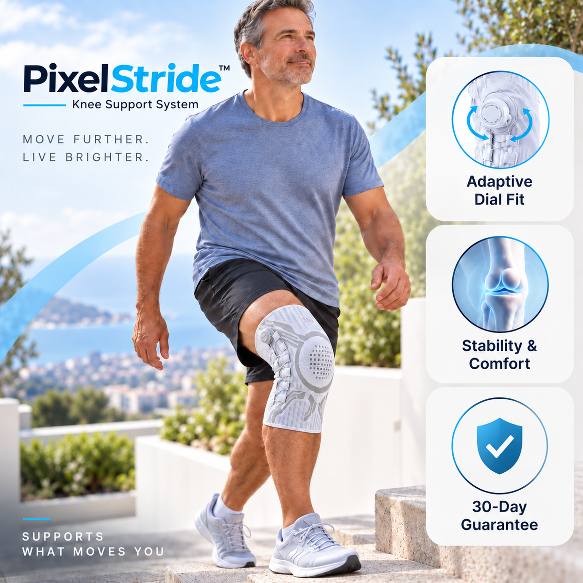 A man outdoors wearing a PixelStride knee support system on his right knee, with product feature callouts on the right and the PixelStride logo on the left. The image includes text such as 'Adaptive Dial Fit,' 'Stability & Comfort,' and '30-Day Guarantee.