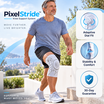 A man outdoors wearing a PixelStride knee support system on his right knee, with product feature callouts on the right and the PixelStride logo on the left. The image includes text such as 'Adaptive Dial Fit,' 'Stability & Comfort,' and '30-Day Guarantee.