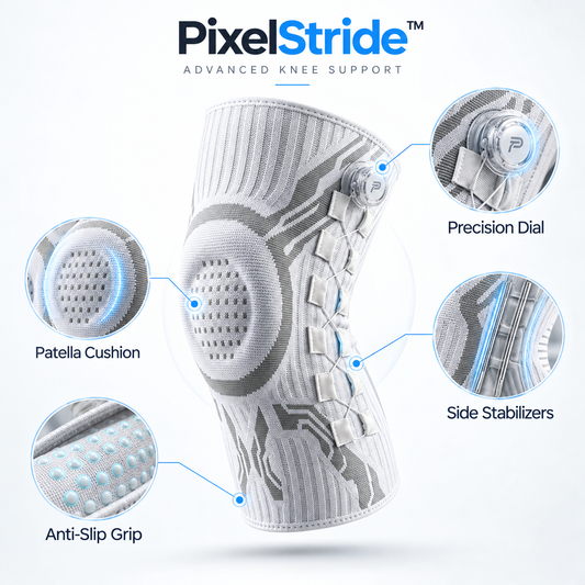 PixelStride knee support brace shown on a light gray background with callout circles labeled Patella Cushion, Side Stabilizers, Anti-Slip Grip, and Precision Dial.