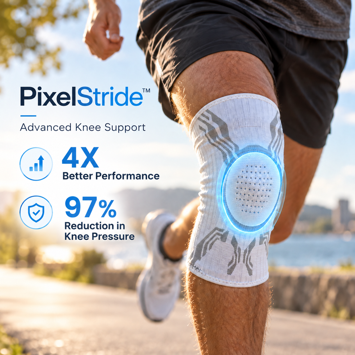 A person running outdoors wearing a white PixelStride knee support brace with a glowing blue circular highlight. The image includes marketing text on the left: 'PixelStride Advanced Knee Support', '4X Better Performance', and '97% Reduction in Knee Pressure'.