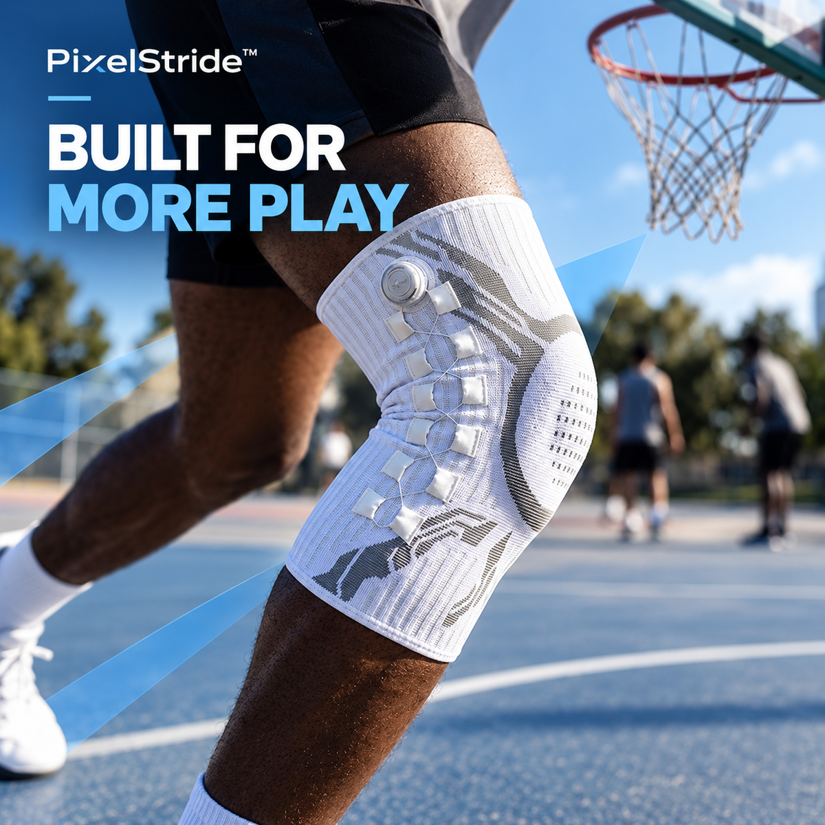 A close-up of a basketball player wearing a white PixelStride knee support brace with gray accents on an outdoor basketball court. The text 'PixelStride BUILT FOR MORE PLAY' is displayed on the left, and a basketball hoop is visible in the background.
