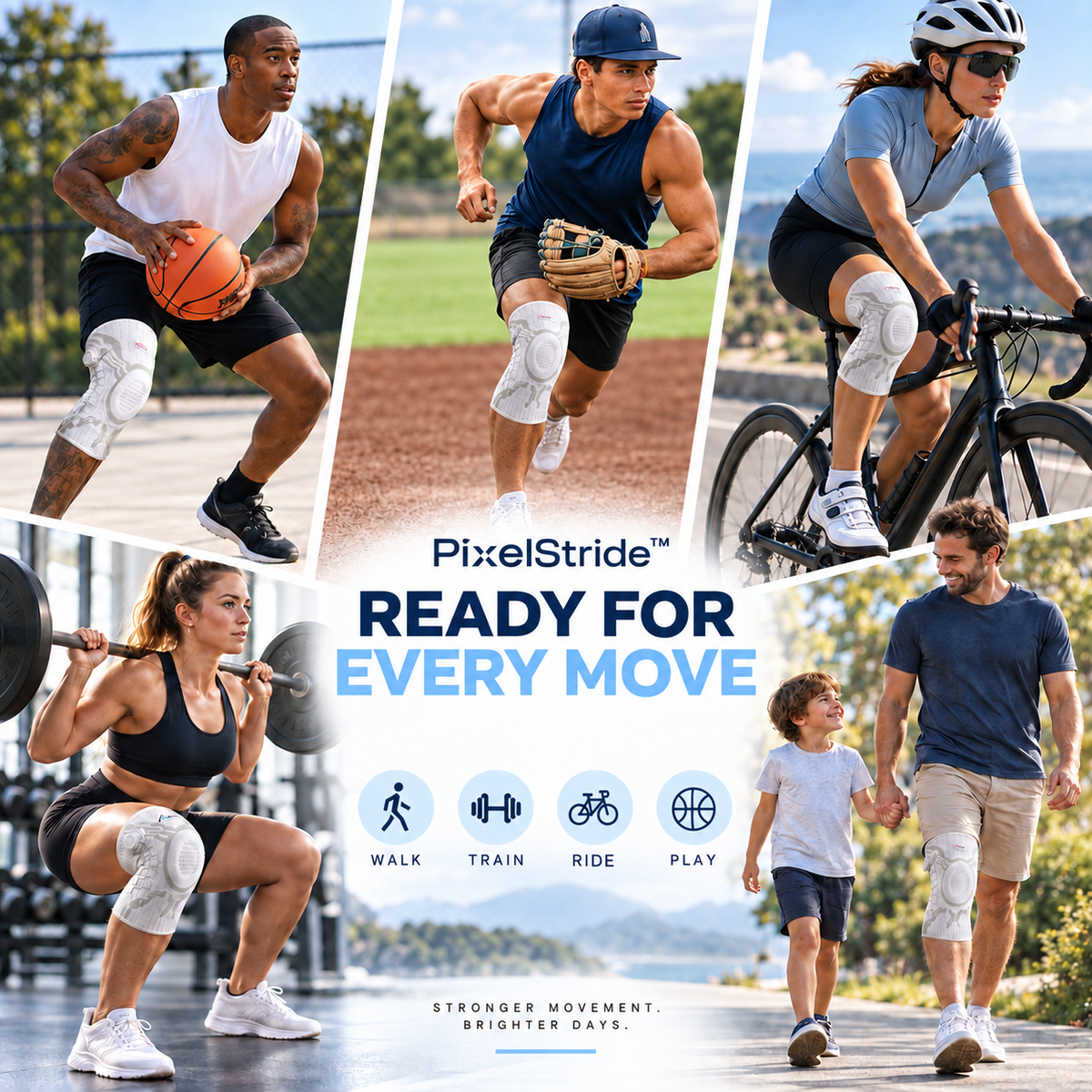 A promotional collage for PixelStride knee support showing multiple people outdoors wearing white PixelStride knee sleeves while exercising: basketball, running, cycling, squatting, and walking. The center text reads 'PixelStride READY FOR EVERY MOVE' with activity icons below.